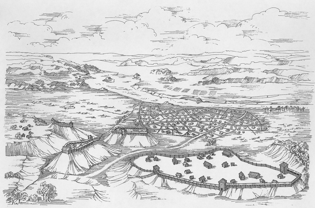 Kernavė viduramžiais. Rekonstrukcijos autoriai –  A. Luchtanas, D. Grigonienė